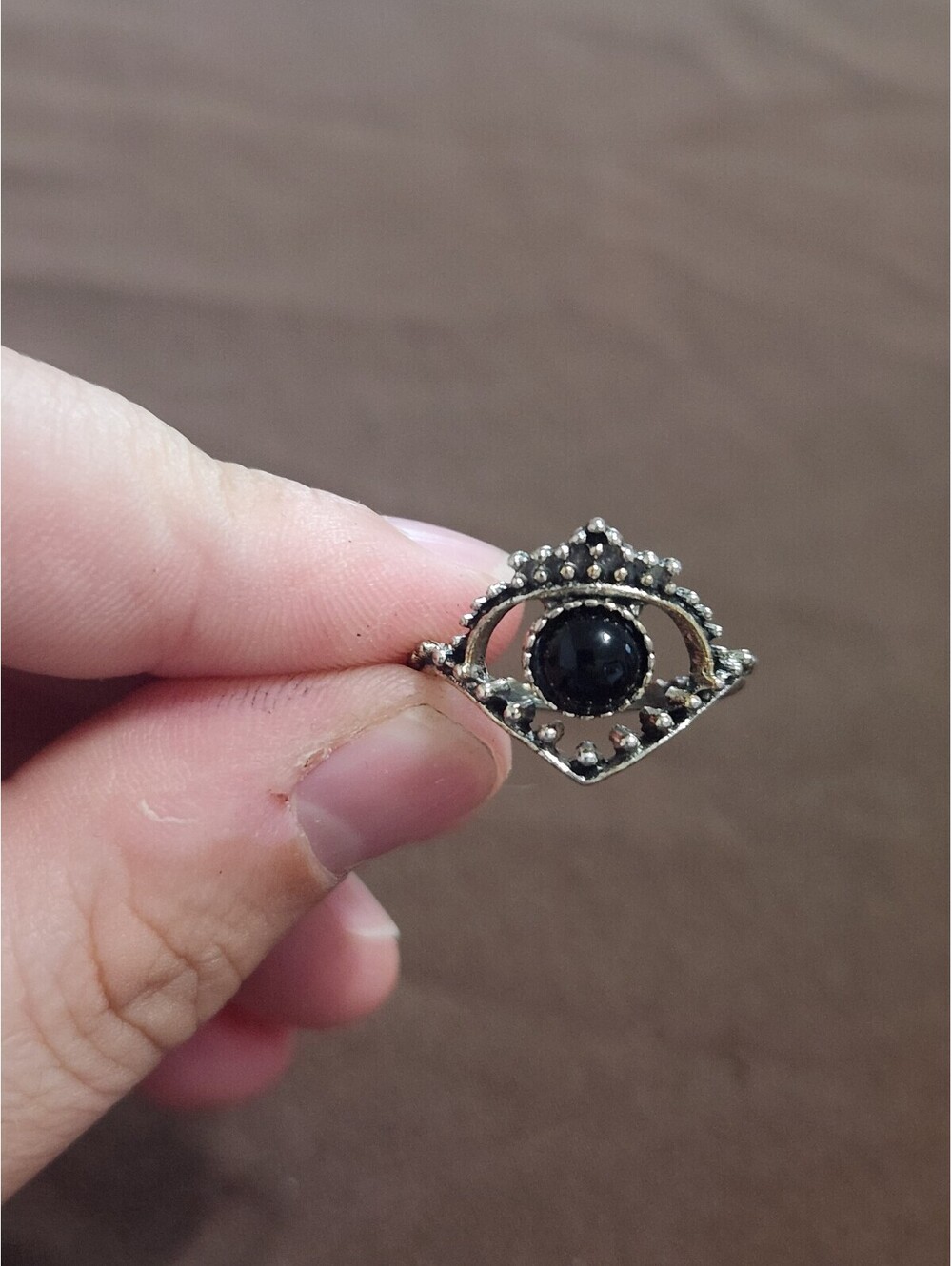 Silver Tone Ring with Black Stone Accent Size 7